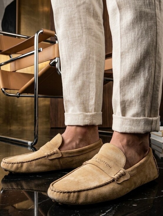 Louis Vuitton Men’s Suede Driving Loafers in Tan Small Details Photos main image 13